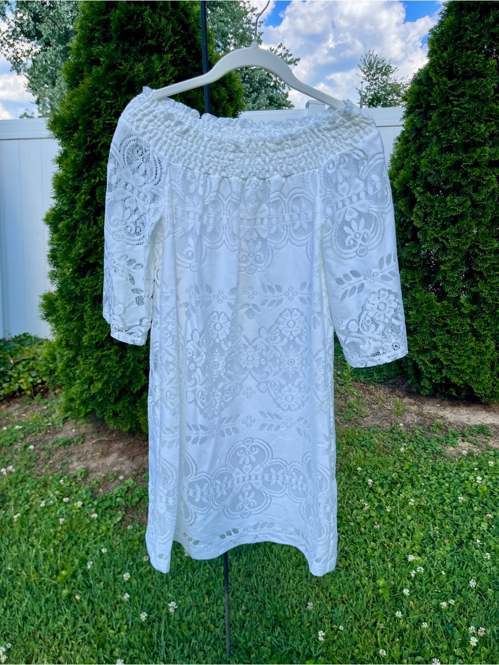 New York & Company White Lace Off the shoulder Dress!